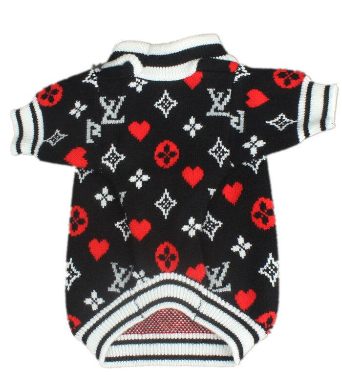 Black knit dog sweater with white V monogram and red hearts Louis Vuitton inspired
