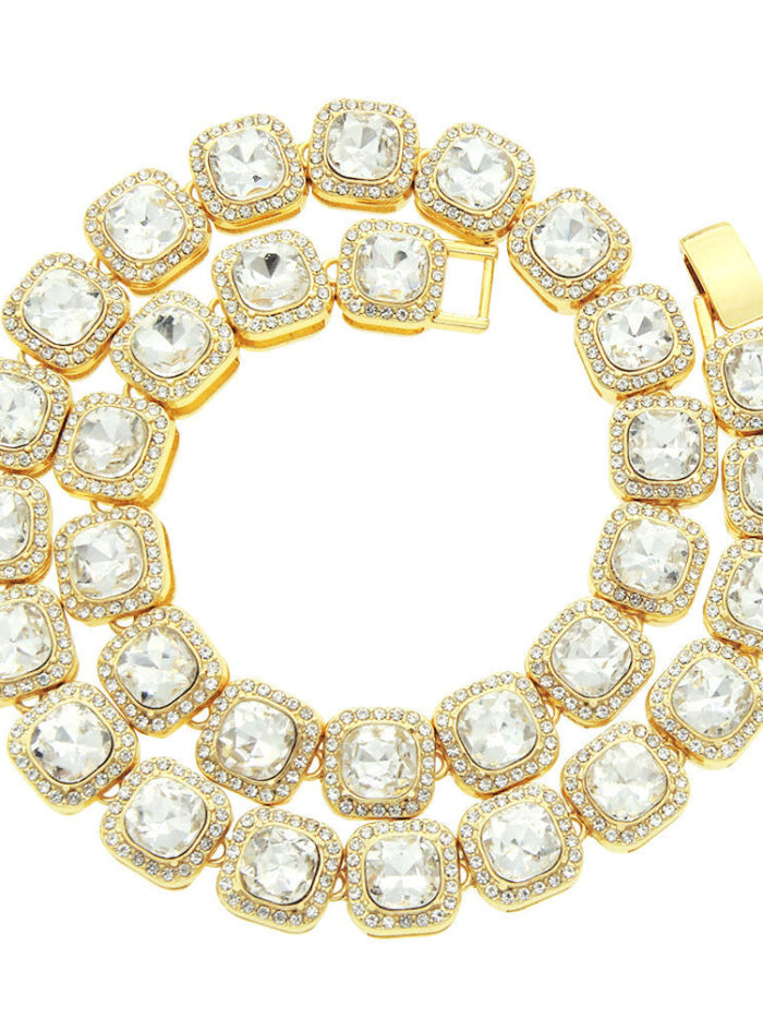 Gold clustered tennis necklace with cubic zirconia stones in cushion settings