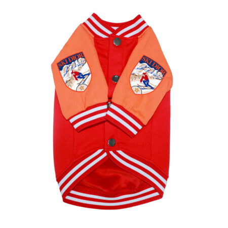 Red varsity dog jacket with snap front closure and ribbed cuffs Dior style