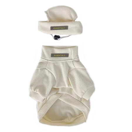 Cream waffle-knit dog sweatshirt and hat set Fear of God Essentials style with textured fabric