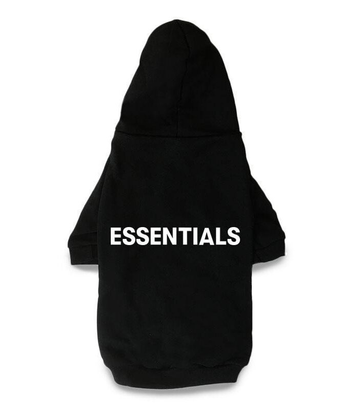 Black dog hoodie Fear of God inspired with ESSENTIALS text across back panel