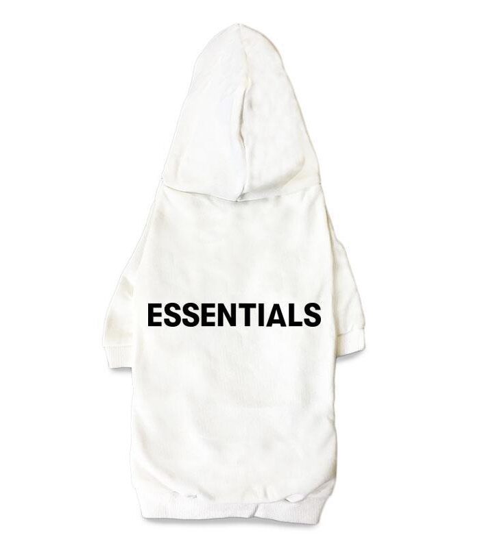 Cream dog hoodie Fear of God inspired with ESSENTIALS text across back panel