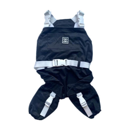 Black dog overalls with buckle straps Chanel inspired with logo detail