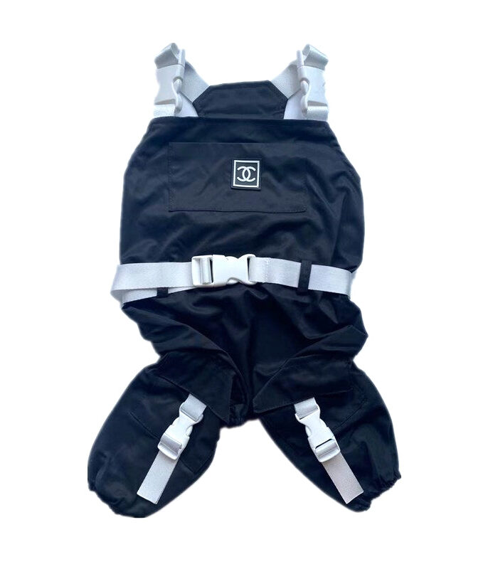 Black dog overalls with buckle straps Chanel inspired with logo detail