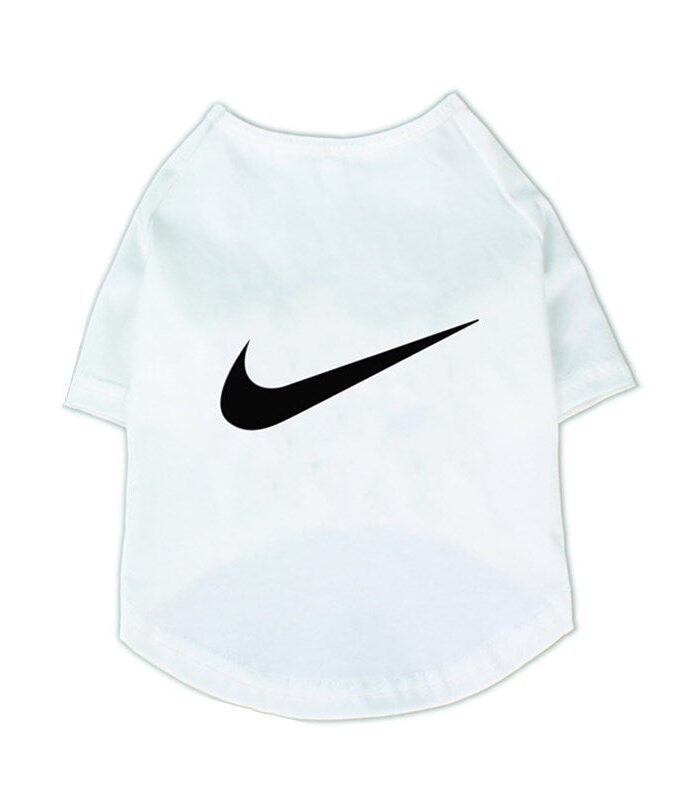 White dog tee with black Nike swoosh logo inspired design on chest