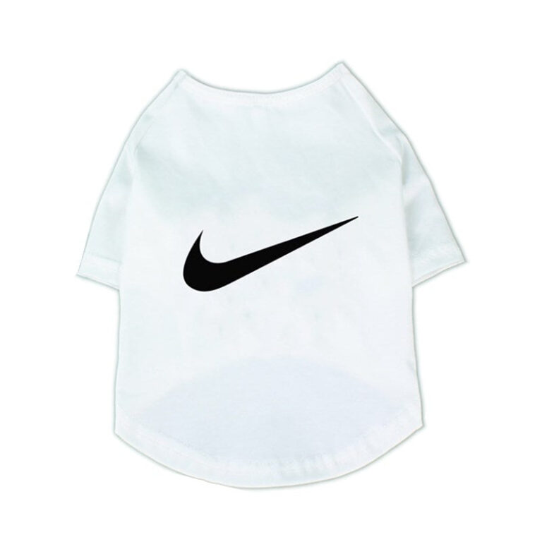 White dog tee with black Nike swoosh logo inspired design on chest