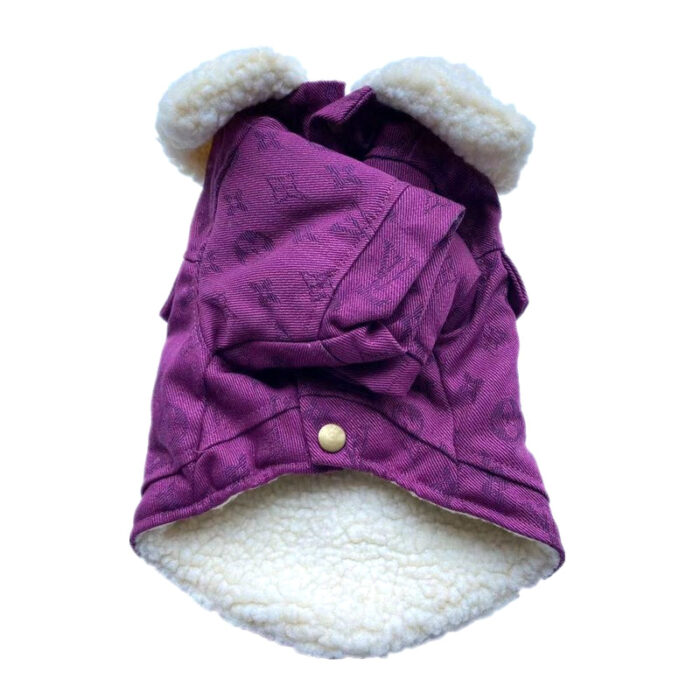 Back view of purple V monogram corduroy dog jacket with white sherpa lining and structured fit