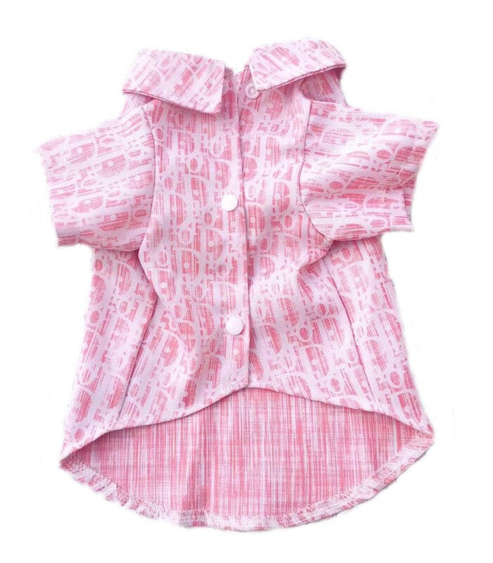Pink oblique print dog shirt with button front and structured collar inspired by Dior