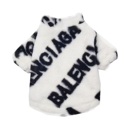 White faux fur dog jacket Balenciaga inspired with black logo print on flat surface