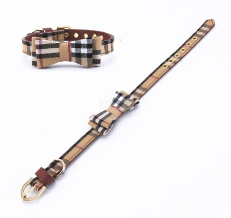 Brown leather dog collar with plaid bow and gold buckle hardware plus matching leash