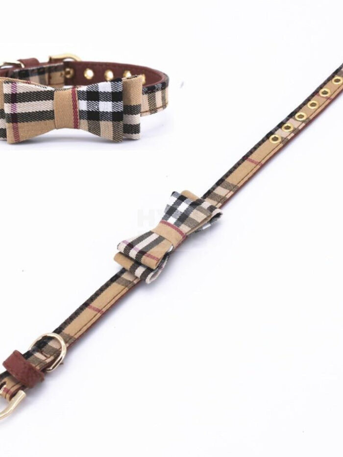 Brown leather dog collar with plaid bow and gold buckle hardware plus matching leash