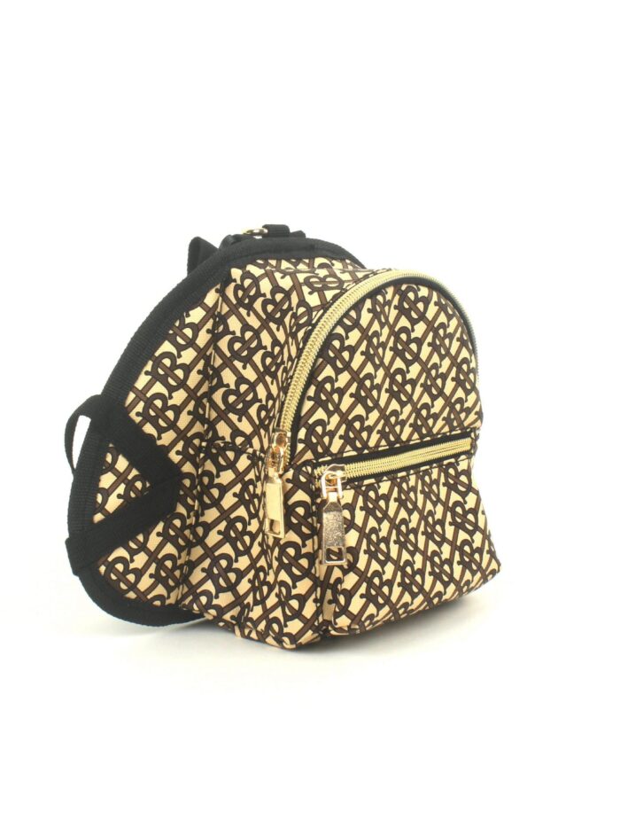 Furberry monogram dog backpack side angle showing structured design and buckles