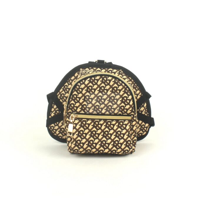 Brown monogram dog backpack Burberry style with adjustable straps front view