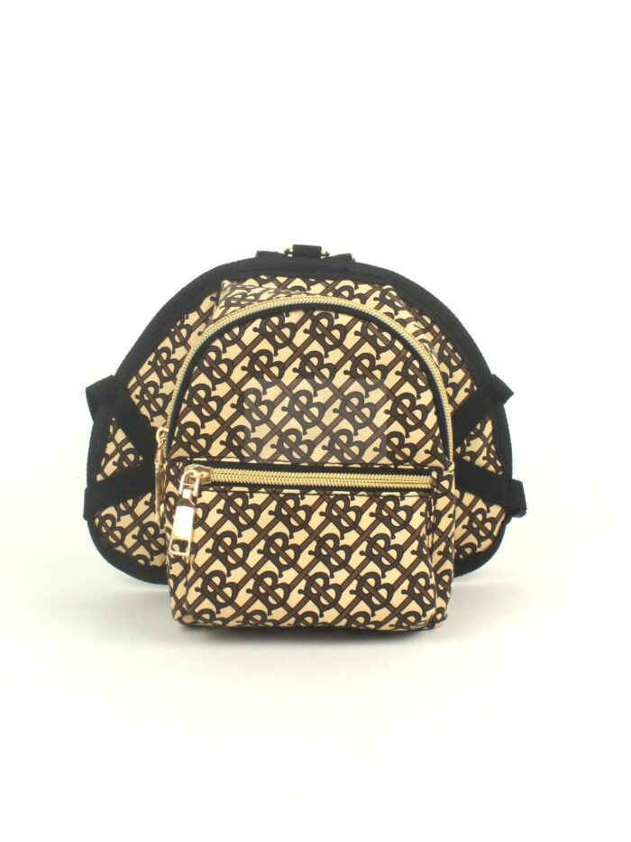 Brown monogram dog backpack Burberry style with adjustable straps front view