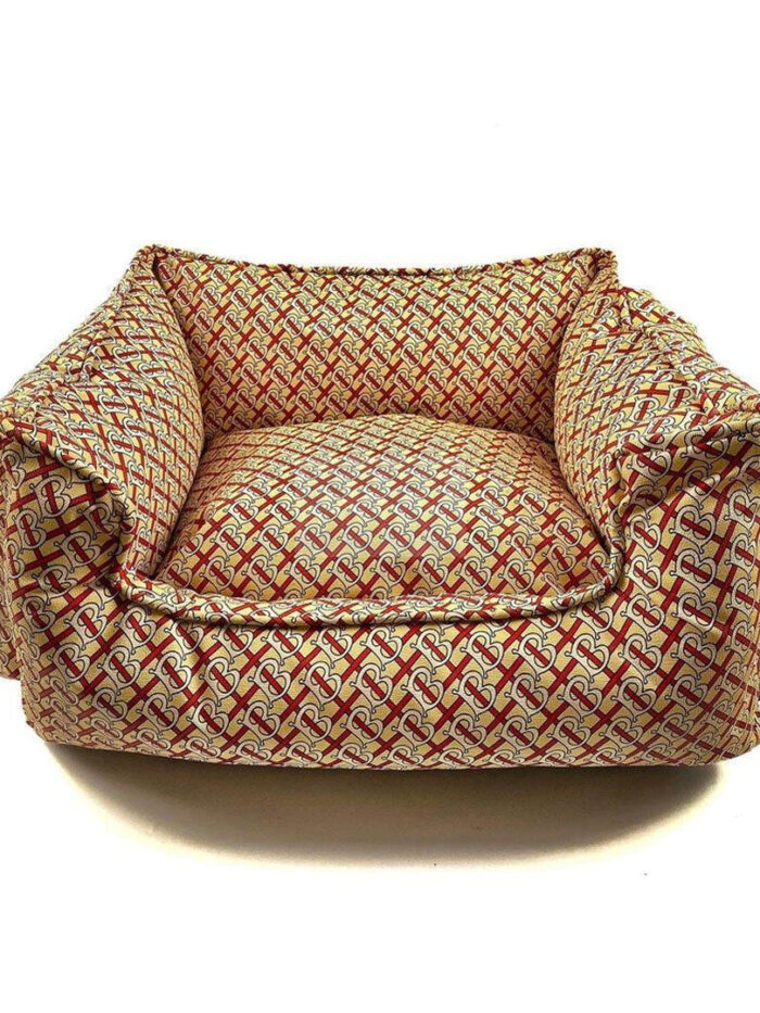 Furberry monogram dog bed front view showing removable cushion and print detail