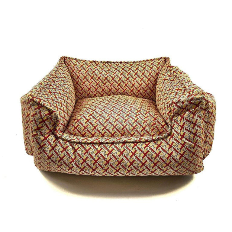 Furberry monogram dog bed front view showing removable cushion and print detail