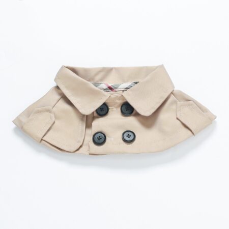 Beige trench coat style dog cape with double-breasted buttons inspired by Burberry