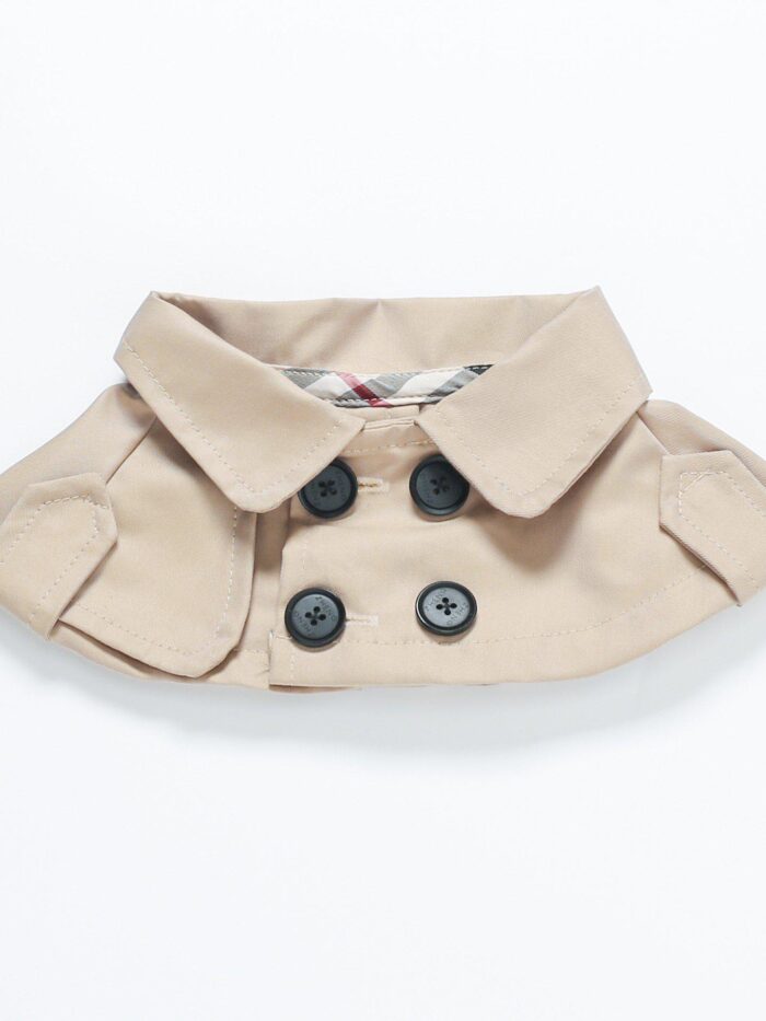 Beige trench coat style dog cape with double-breasted buttons inspired by Burberry