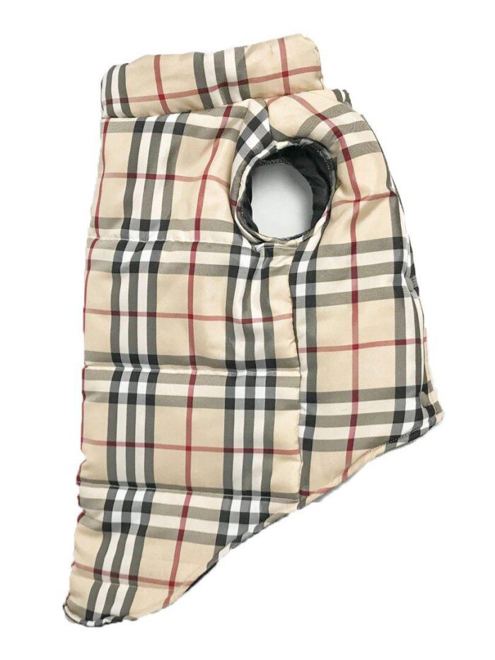 Plaid puffer dog vest back view showing quilted black panels heritage check pattern