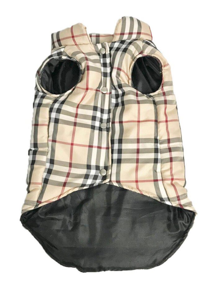 Cream plaid dog vest with black quilted panels Burberry inspired button front