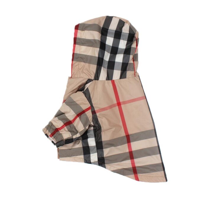 Plaid dog windbreaker back view showing Burberry-style check pattern and hood