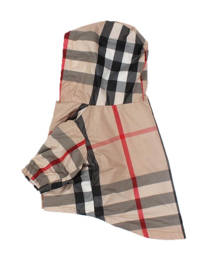 Plaid dog windbreaker back view showing Burberry-style check pattern and hood