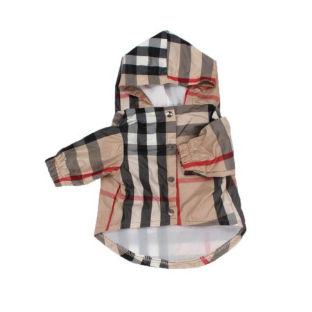 Tan plaid windbreaker with check pattern inspired by Burberry on white background