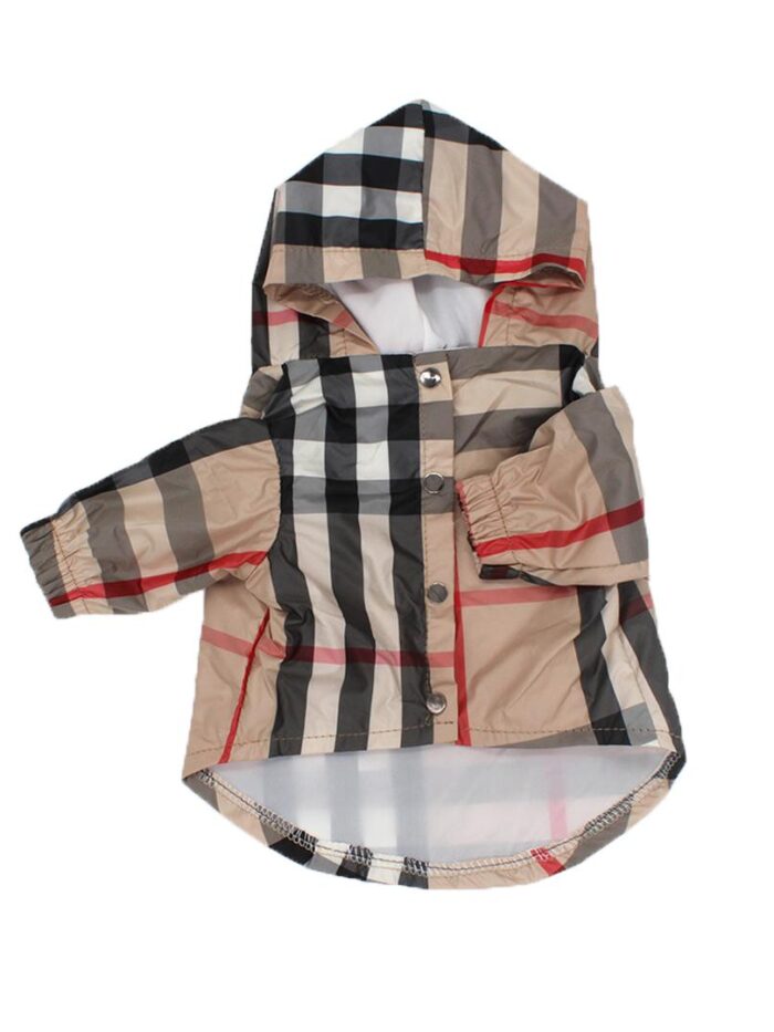 Tan plaid windbreaker with check pattern inspired by Burberry on white background