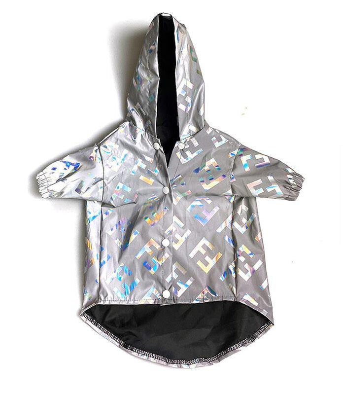 Gray windbreaker with reflective FF logos front view with button closure and hood