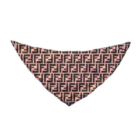 Pink and black Fendi-inspired F monogram dog bandana with snap closure on white background