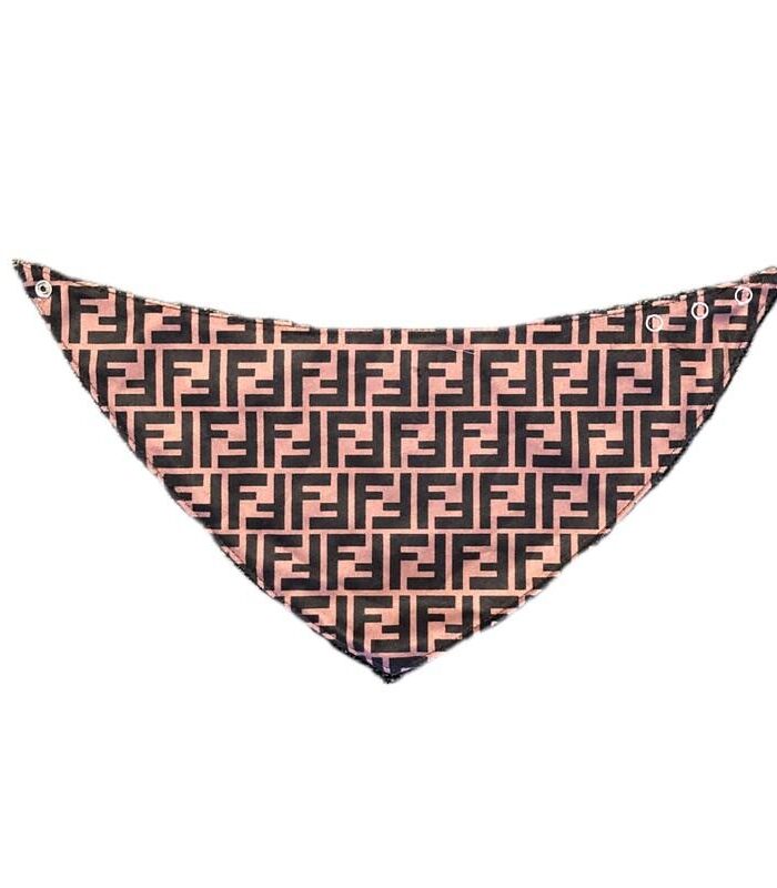 Pink and black Fendi-inspired F monogram dog bandana with snap closure on white background