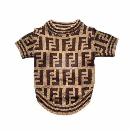 Brown and tan FF monogram knit dog sweater Fendi style flat lay front view
