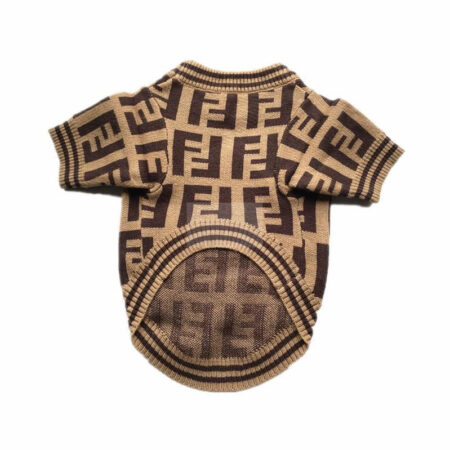 Brown monogram dog sweater back view showing FF pattern and ribbed hem detail
