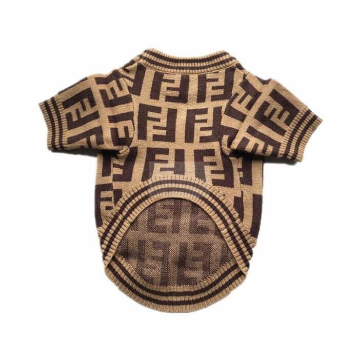 Brown monogram dog sweater back view showing FF pattern and ribbed hem detail