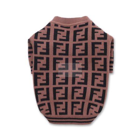 Brown FF monogram dog cardigan back view showing full pattern coverage Fendi style