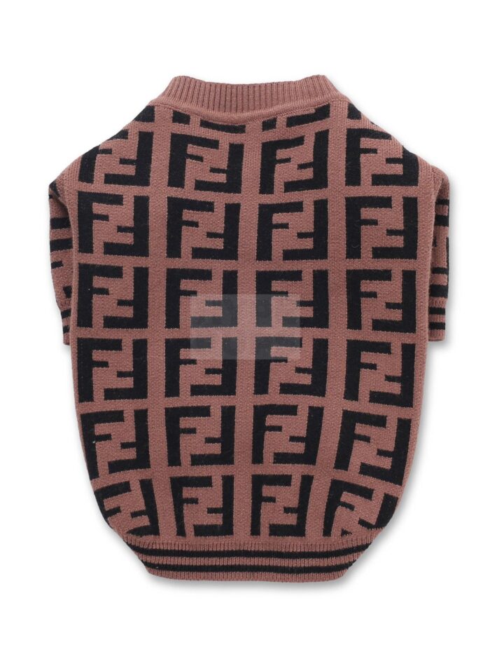 Brown FF monogram dog cardigan back view showing full pattern coverage Fendi style
