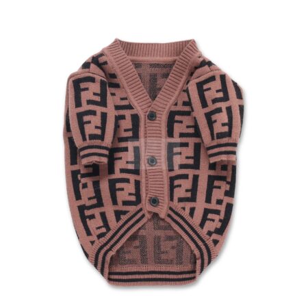 Brown knit dog cardigan with all-over FF monogram pattern Fendi inspired with button front