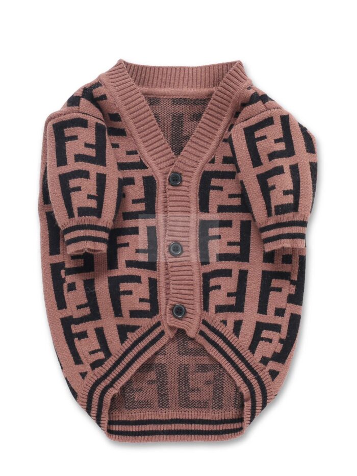 Brown knit dog cardigan with all-over FF monogram pattern Fendi inspired with button front