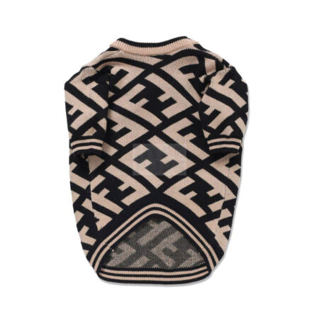 Back view brown monogram dog sweater with FF pattern and ribbed hem detail