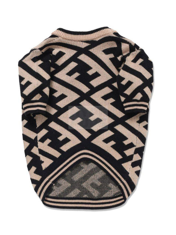 Back view brown monogram dog sweater with FF pattern and ribbed hem detail