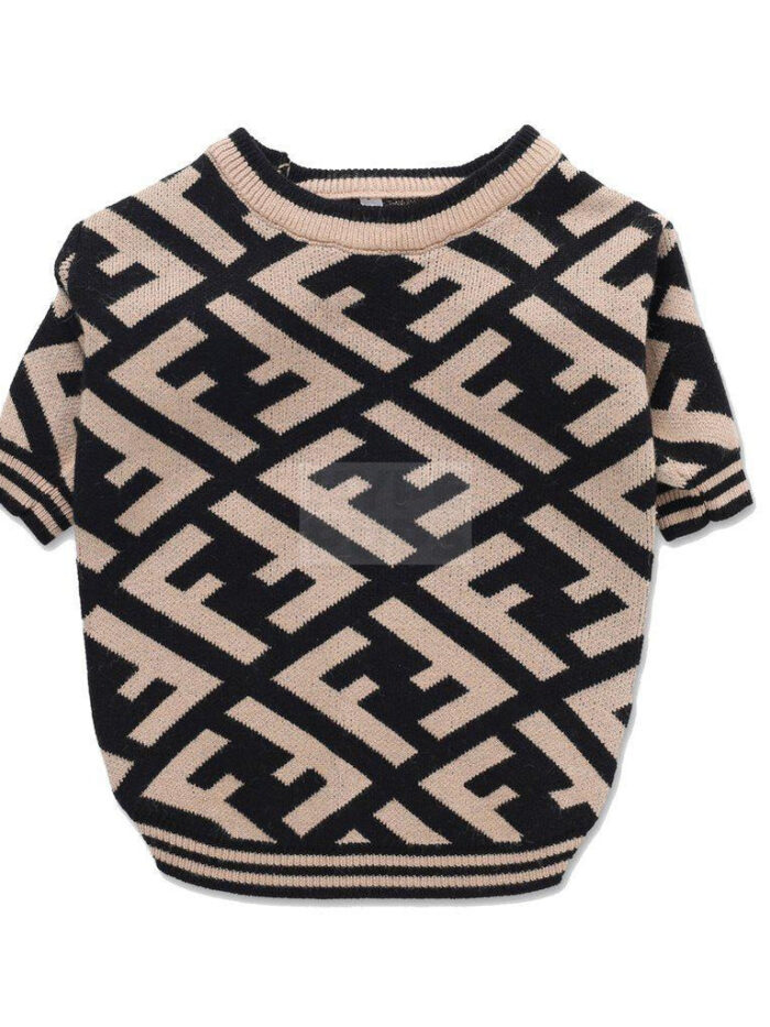 Brown knit dog sweater with all-over Furdi monogram pattern Fendi style flat lay