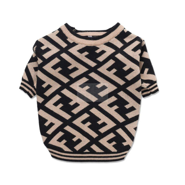 Brown knit dog sweater with all-over Furdi monogram pattern Fendi style flat lay
