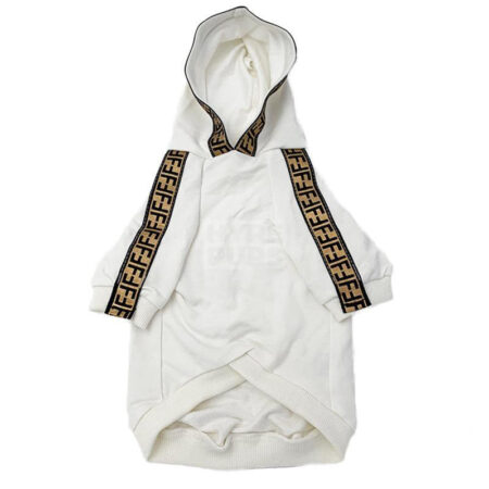 White cotton dog hoodie with brown and gold FF monogram trim on sleeves and hood inspired by Fendi