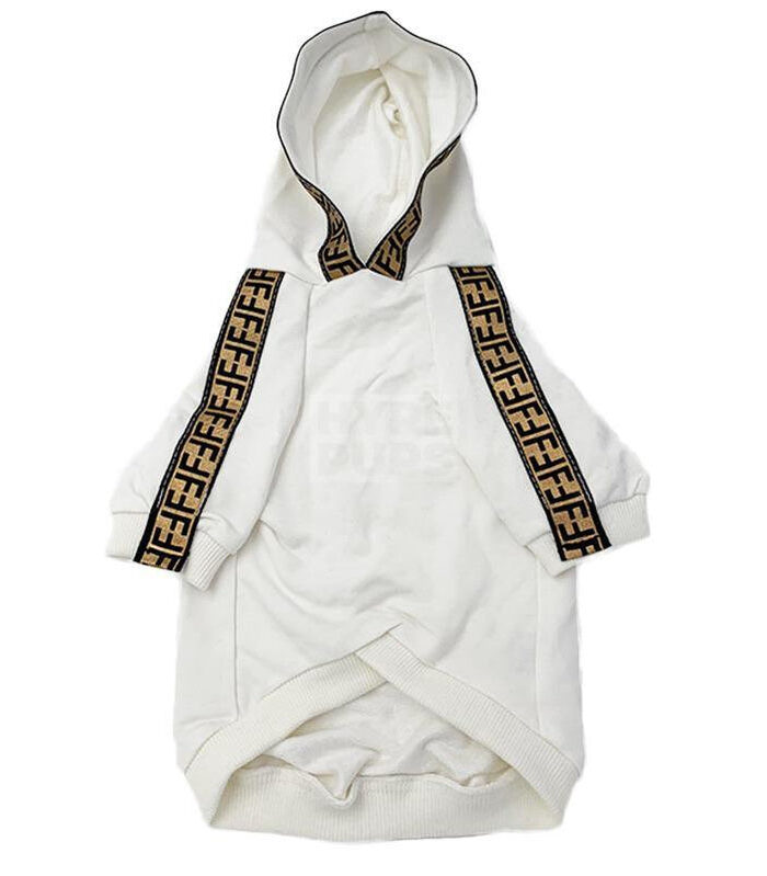 White cotton dog hoodie with brown and gold FF monogram trim on sleeves and hood inspired by Fendi