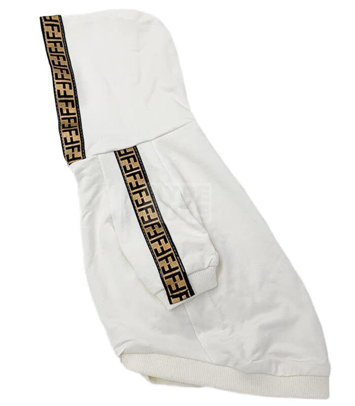 Side view of white dog hoodie showing FF monogram stripe detail along sleeves and kangaroo pocket
