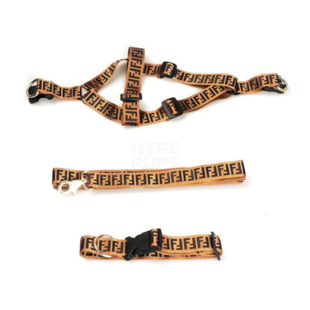 Brown monogram dog harness leash and collar set with FF Fendi inspired pattern on white background