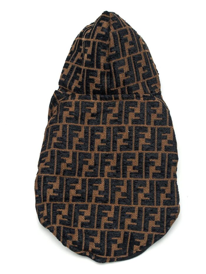 Back view of FF monogram jacquard pattern dog jacket Fendi style in brown and black