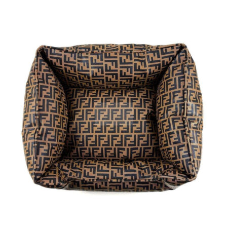 Brown and tan FF monogram dog bed with supportive walls Fendi inspired design