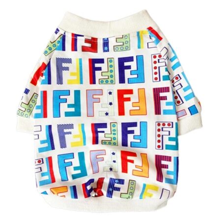 White cotton dog sweatshirt with colorful FF monogram pattern inspired by Fendi on flat surface
