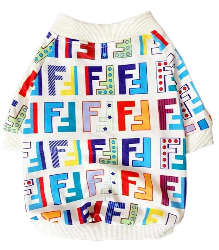 White cotton dog sweatshirt with colorful FF monogram pattern inspired by Fendi on flat surface